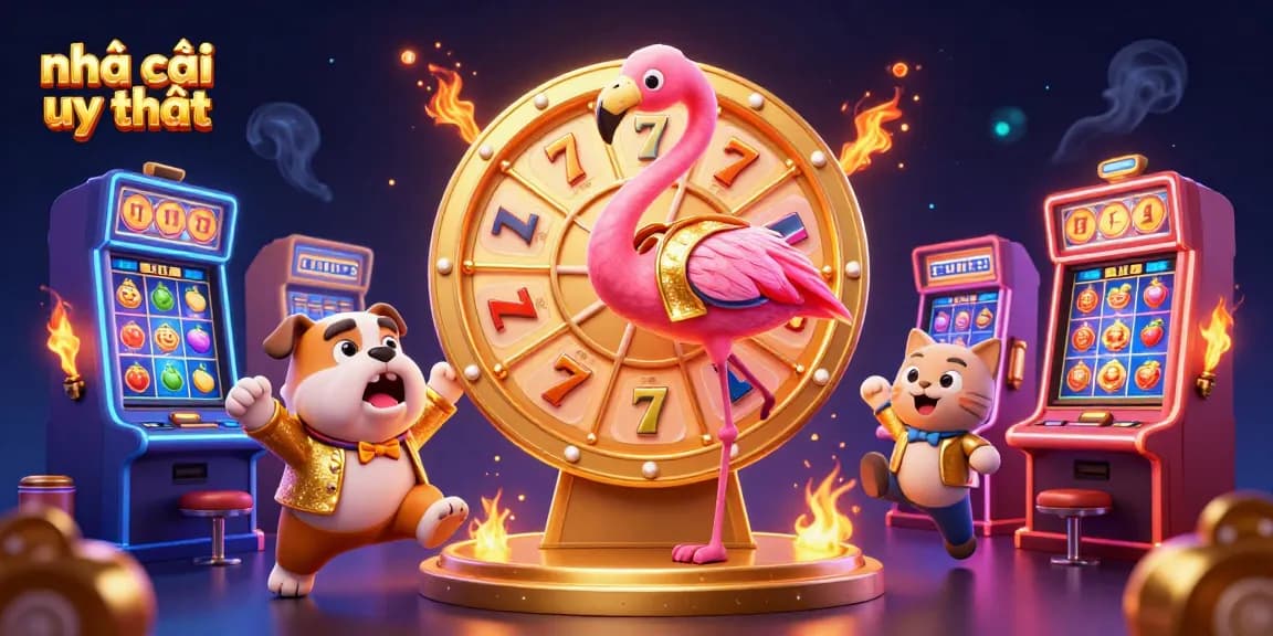 Experience excitement with nhà cái uy tín showcased through a dynamic casino game scene featuring colorful slot machines.