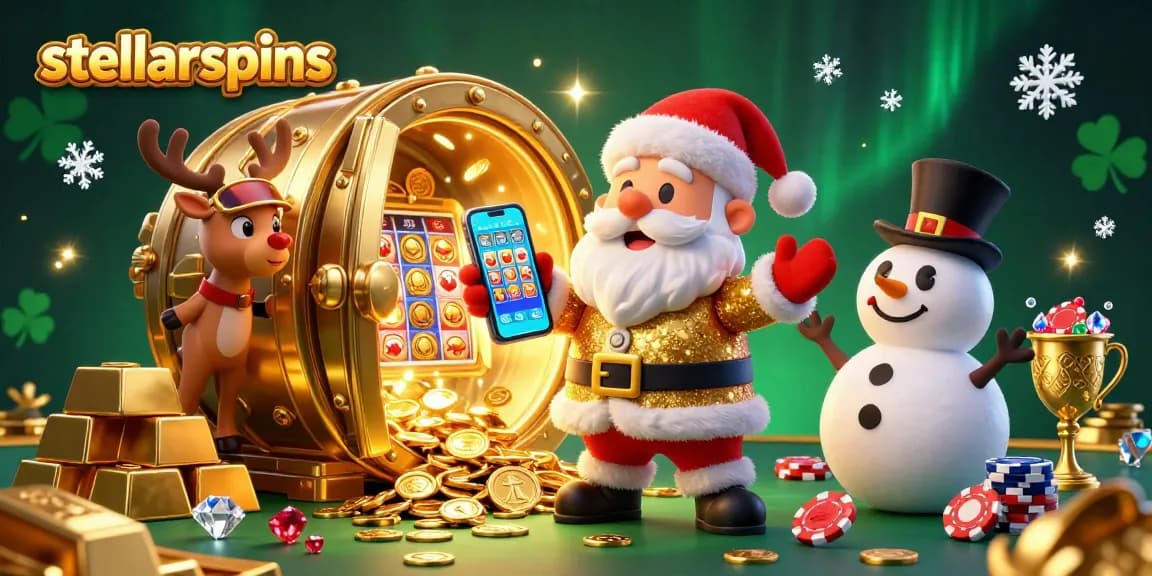 Experience the festive excitement of stellarspins with Santa and friends amidst dazzling slot machines.