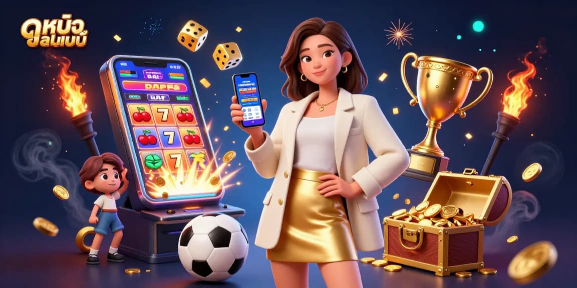 Engage in ดูหนังออนไลน์ with a glamorous woman showcasing a sports betting app amidst a vibrant casino scene.