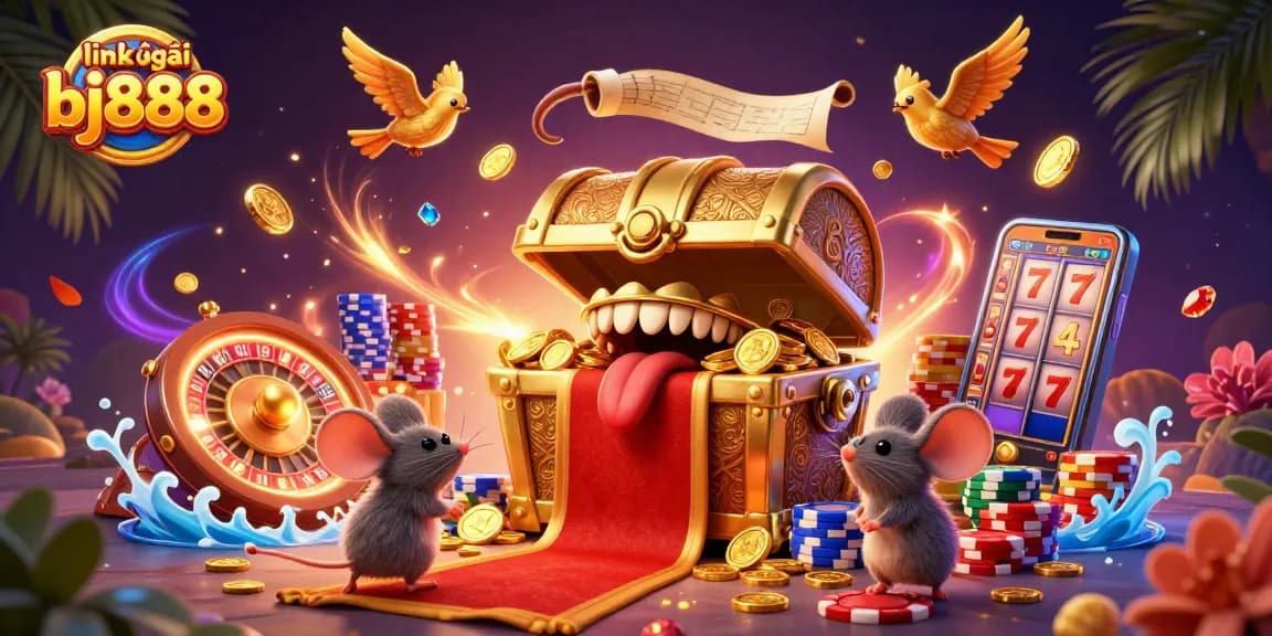 Experience the thrilling link vào bj888 with a treasure chest luring adventurer mice in a vibrant casino scene.