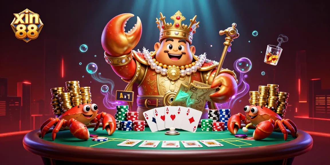 Engage in thrilling gaming at xin 88 with the golden crab emperor amidst poker elements and vibrant casino atmosphere.