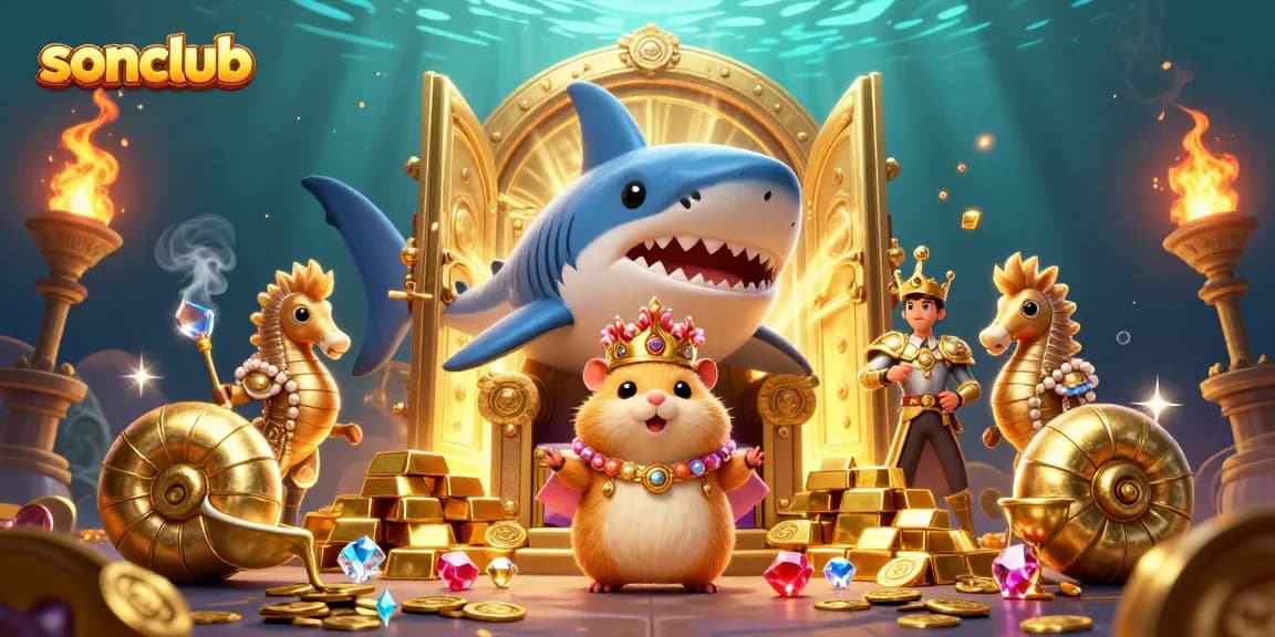 Experience the luck of sonclub with treasures as a golden hamster king reigns in this vibrant casino scene.