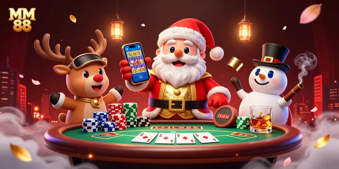 Engage in thrilling gameplay at MM 88 with festive characters in a dazzling casino scene.