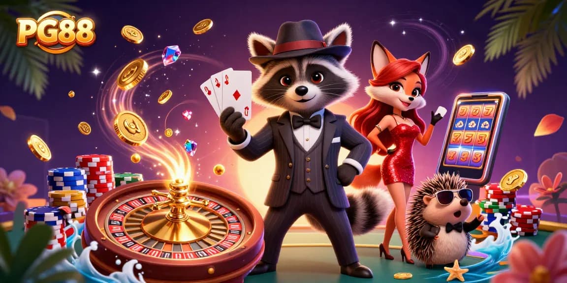 Play to win at PG88 with a raccoon in a suit and royal flush, surrounded by casino excitement.