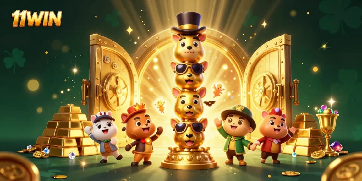 Join the thrilling adventure at 11WIN with a magical casino illustration featuring golden treasures.
