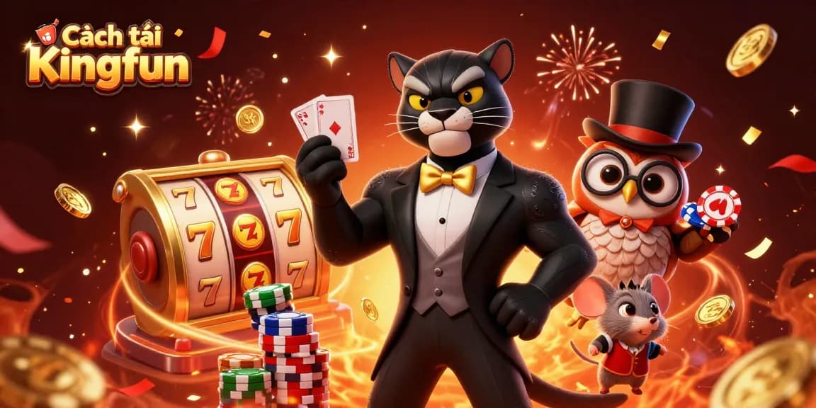 Cách tải Kingfun and win big with dynamic casino thrills, featuring playful characters and vibrant slot elements.