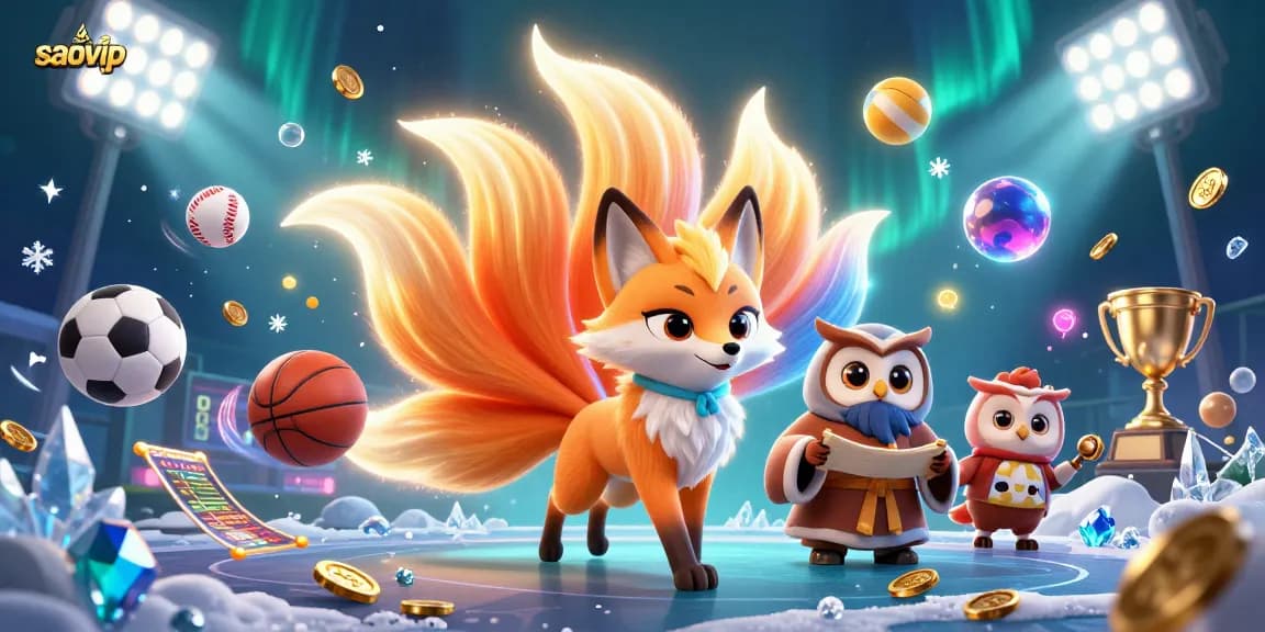 Engage with saovip's dynamic gaming experience featuring a vibrant nine-tailed fox and owl amidst exciting sports elements.