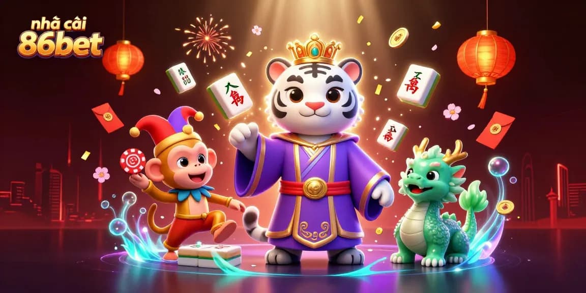 Experience the vibrant world of nhà cái 86bet with a colorful casino scene featuring playful characters and gaming elements.
