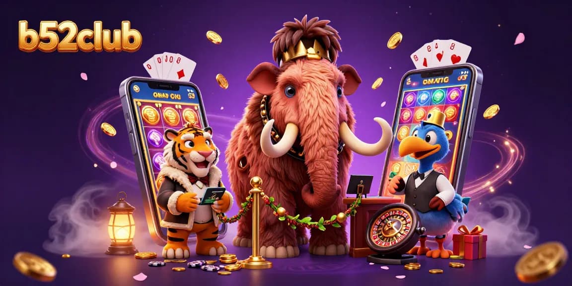 B52club features a vibrant casino scene with unique characters interacting in a slot game environment.