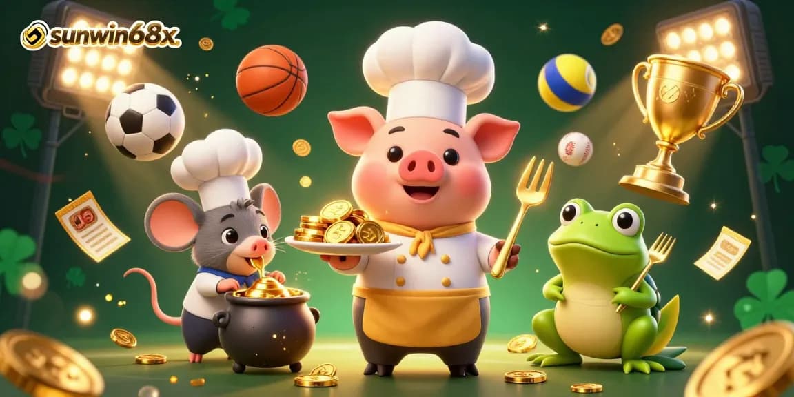 Experience the excitement of sunwin68x with a vibrant 3D casino scene of a chef pig serving gold coins.