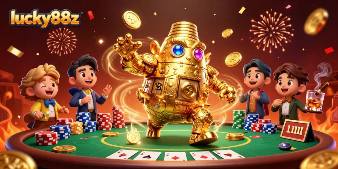 Experience thrilling games with lucky88z at a vibrant poker scene featuring golden golem and party elements.