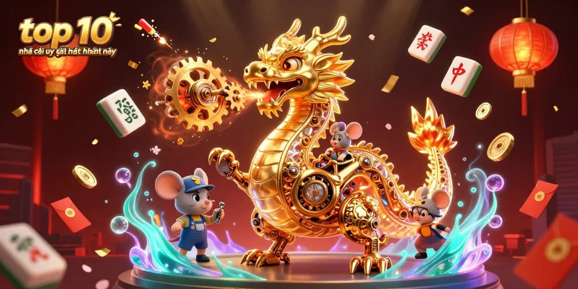The top 10 nhà cái uy tín nhất hiện nay showcased in a vibrant 3D casino scene with dynamic gaming elements.