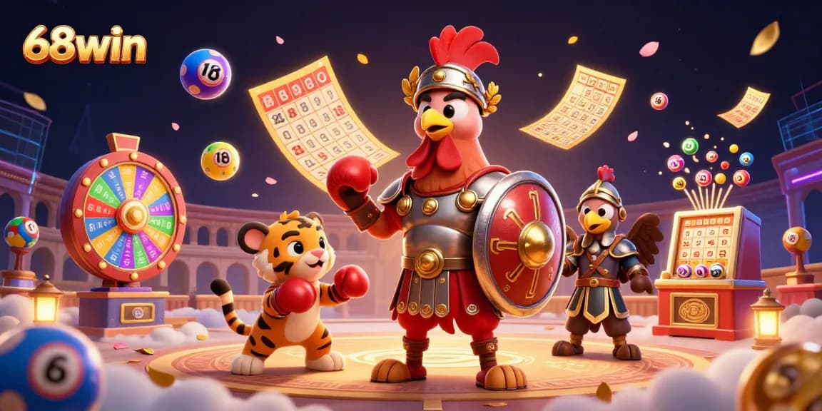 Engage with 68win's exciting casino atmosphere featuring dynamic lottery elements and characters.
