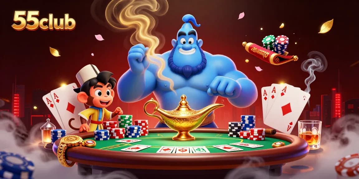 Engage with 55club in an exciting poker scene featuring a magical genie and vibrant casino elements.