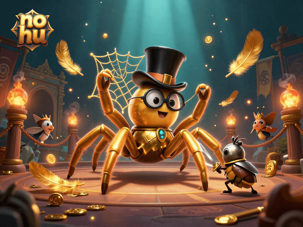 Spin to win with no hu's dynamic gaming scene featuring a golden tarantula and beetle knight.