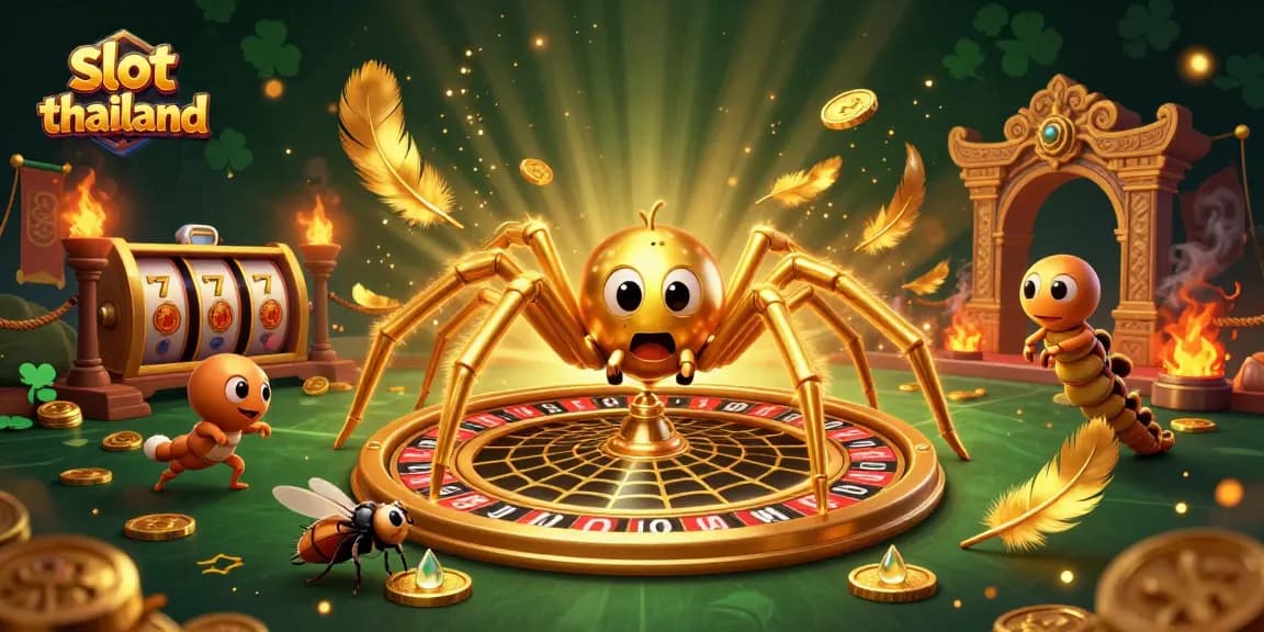 Join the action at slot thailand as the spider spins a golden roulette wheel while a fly bets nervously.