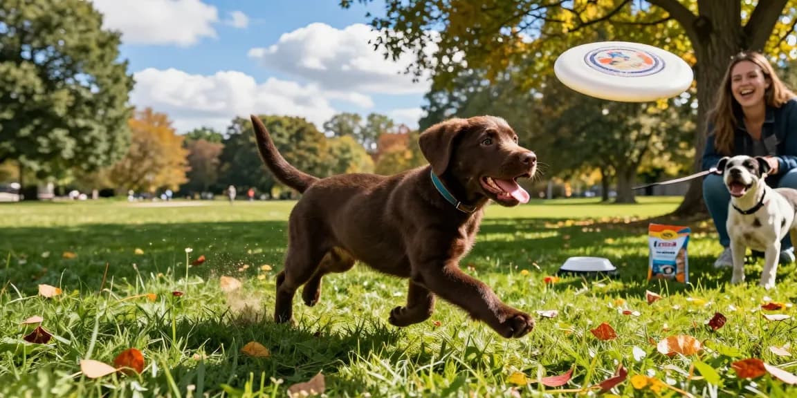 Chocolate labrador puppy joyfully running in a vibrant park, engaged in playful activities.
