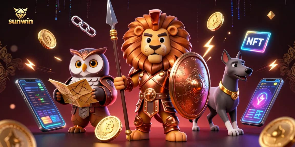 Engage with sunwin's vibrant casino gameplay in a dynamic 3D illustration filled with crypto elements.