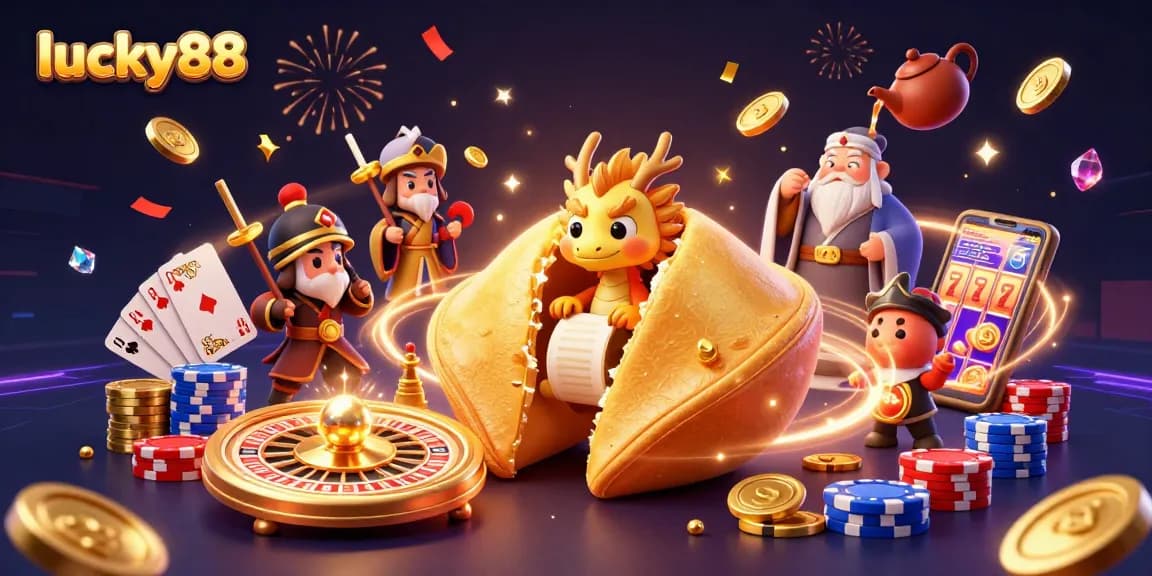 Experience exciting wins with lucky88, featuring a dragon, a fortune cookie, and casino elements.