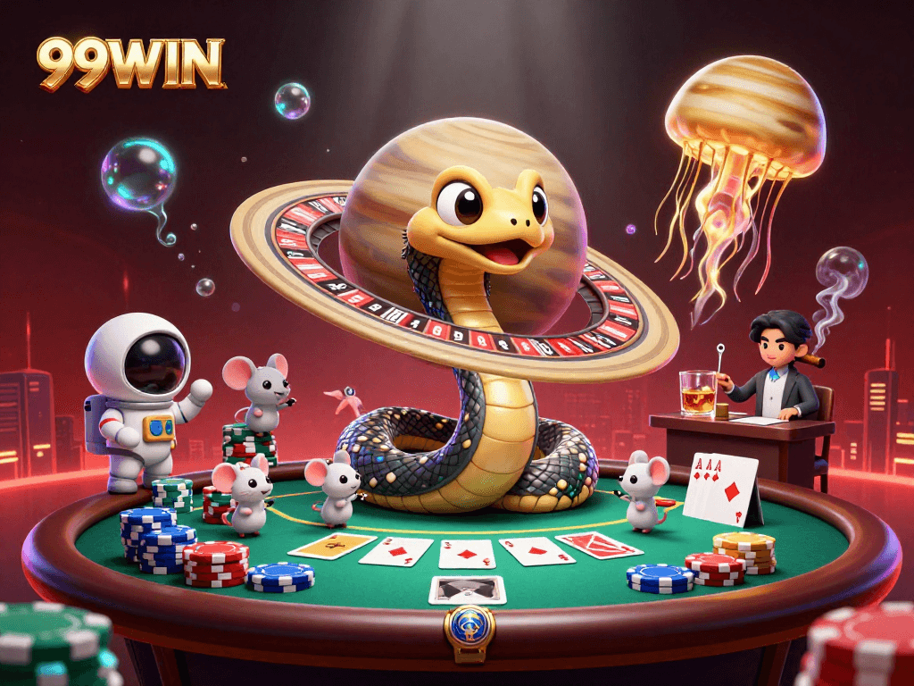 Bet astronaut mice placing bets on Saturn's rings in the 99WIN casino scene.