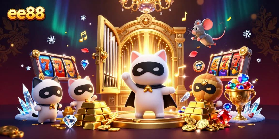 Play thrilling games at ee88 with a dynamic casino scene featuring captivating characters and gold treasures.