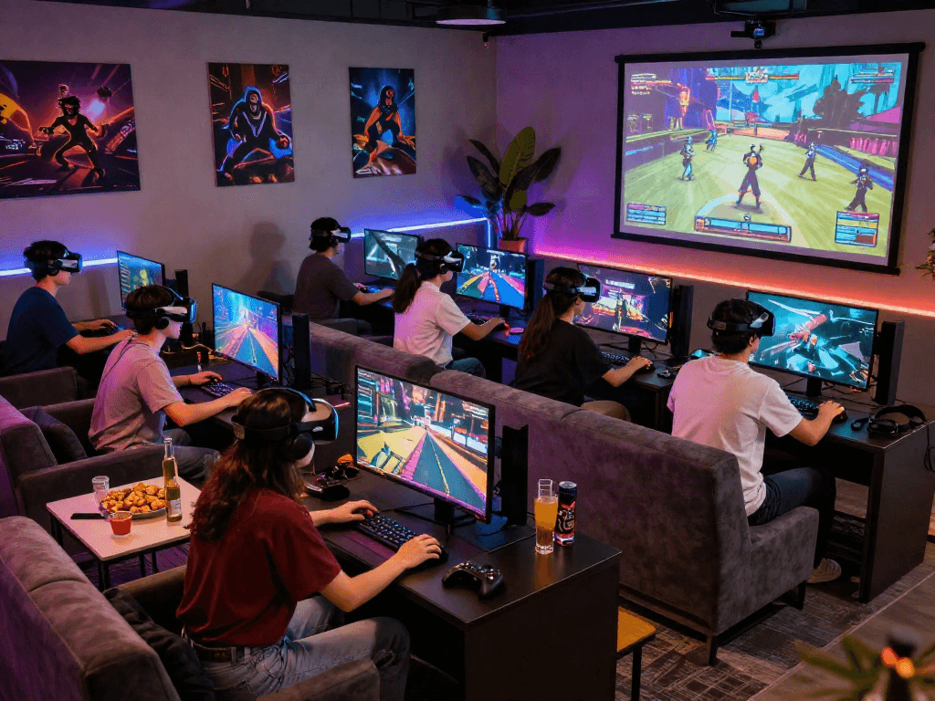 Engaged friends playing porngame in a vibrant urban gaming lounge