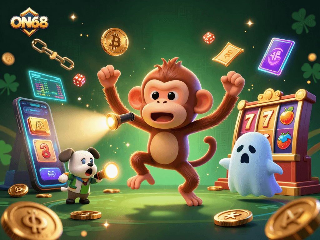 Experience the thrilling excitement of ON68 with playful characters in a vibrant haunted casino scene.