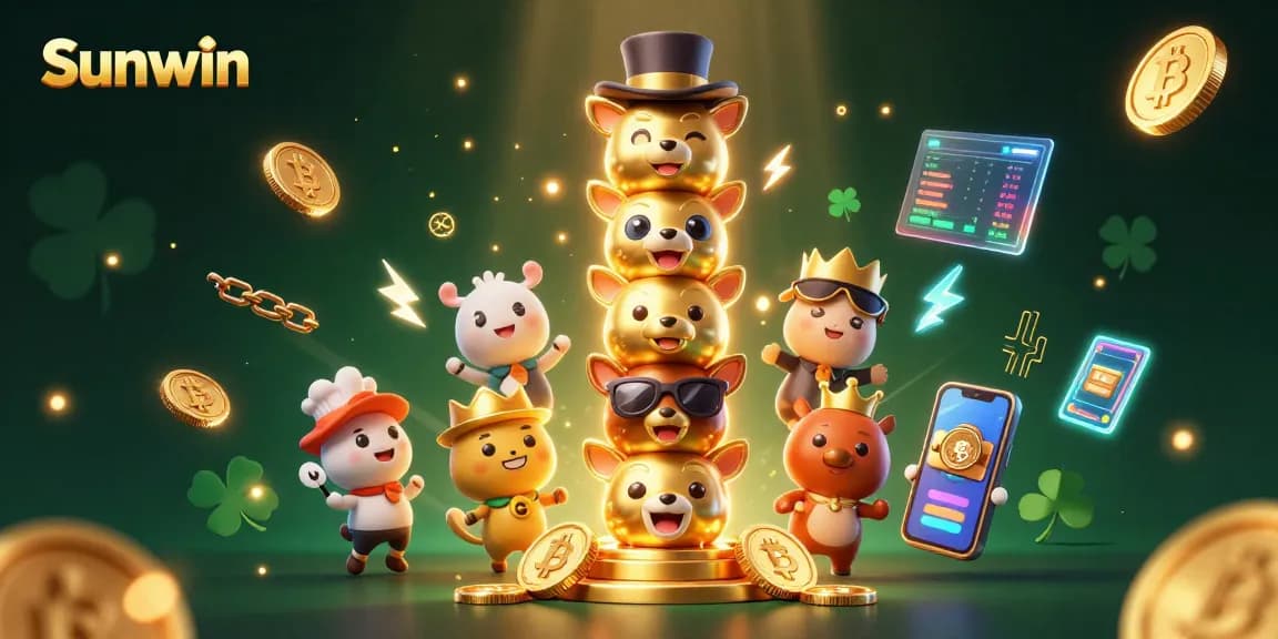 Experience thrilling gaming at Sunwin, featuring a dynamic casino scene with lively characters and bright crypto elements.