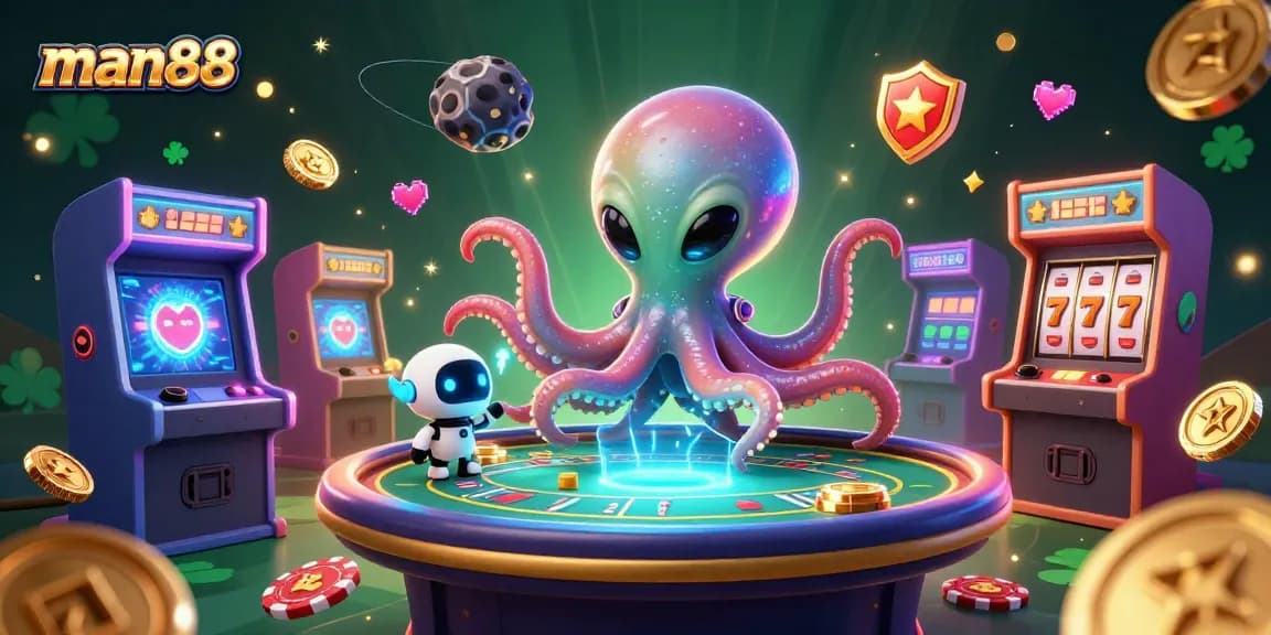 Experience exciting gameplay with man88 as an alien octopus and robot at a poker table.