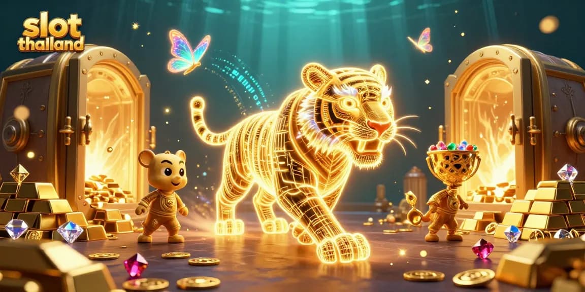 Experience the excitement of slot thailand as a neon tiger ventures through a dazzling casino landscape.