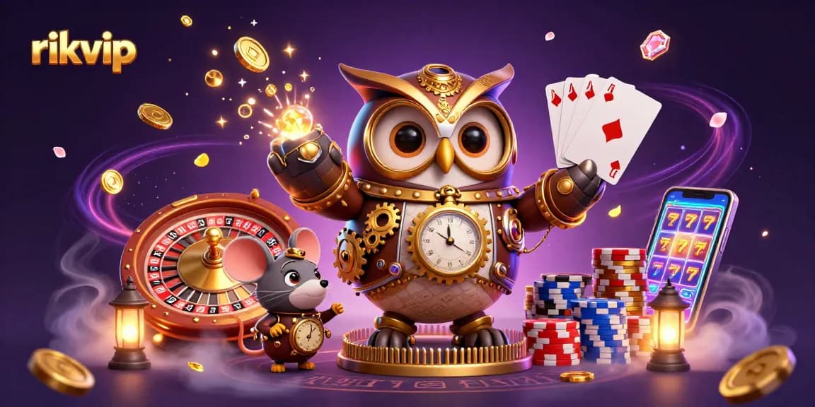 Experience rikvip with a steampunk owl and thrilling casino excitement in a vibrant 3D scene.