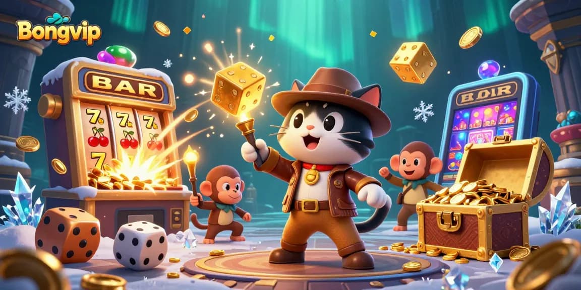 Bongvip showcases a thrilling 3D scene with an explorer cat discovering golden casino artifacts amidst dynamic gambling elements.