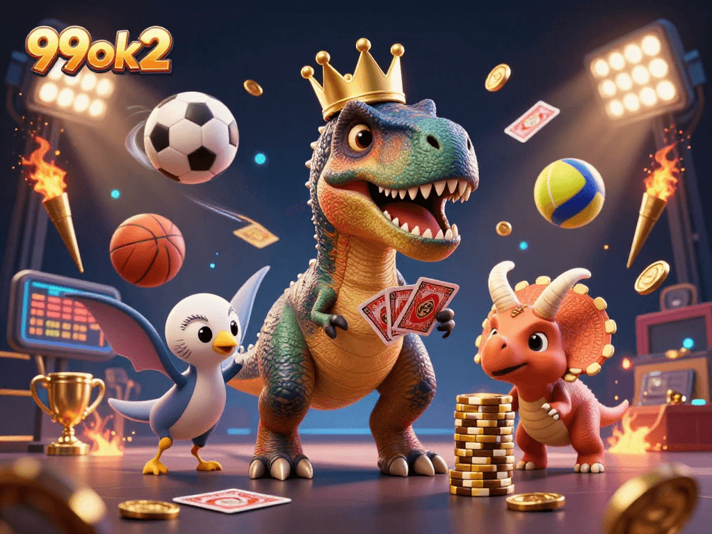 Engaging scene with 99ok2 branding featuring animated dinosaurs gambling with cards and golden chips.