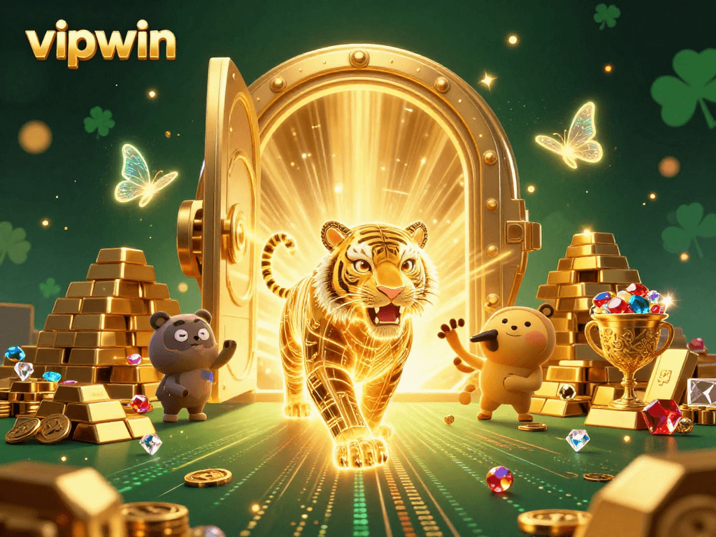 Experience thrilling wins at vipwin with vibrant casino scenes featuring a golden tiger and dazzling treasures.