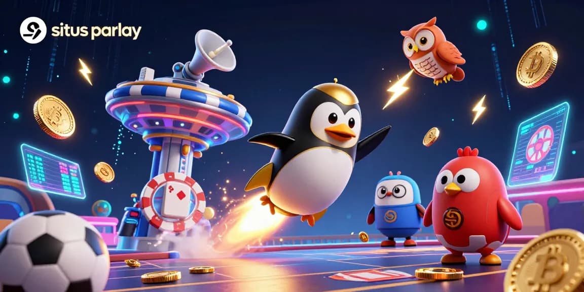 Experience the excitement of situs parlay with a vibrant scene featuring a rocket-powered penguin and casino elements.