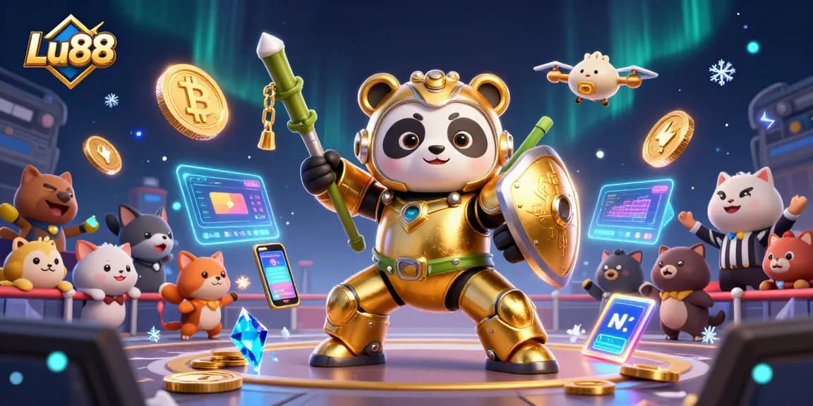 Engage with Lu88 as a 3D golden panda battles in a futuristic casino arena.