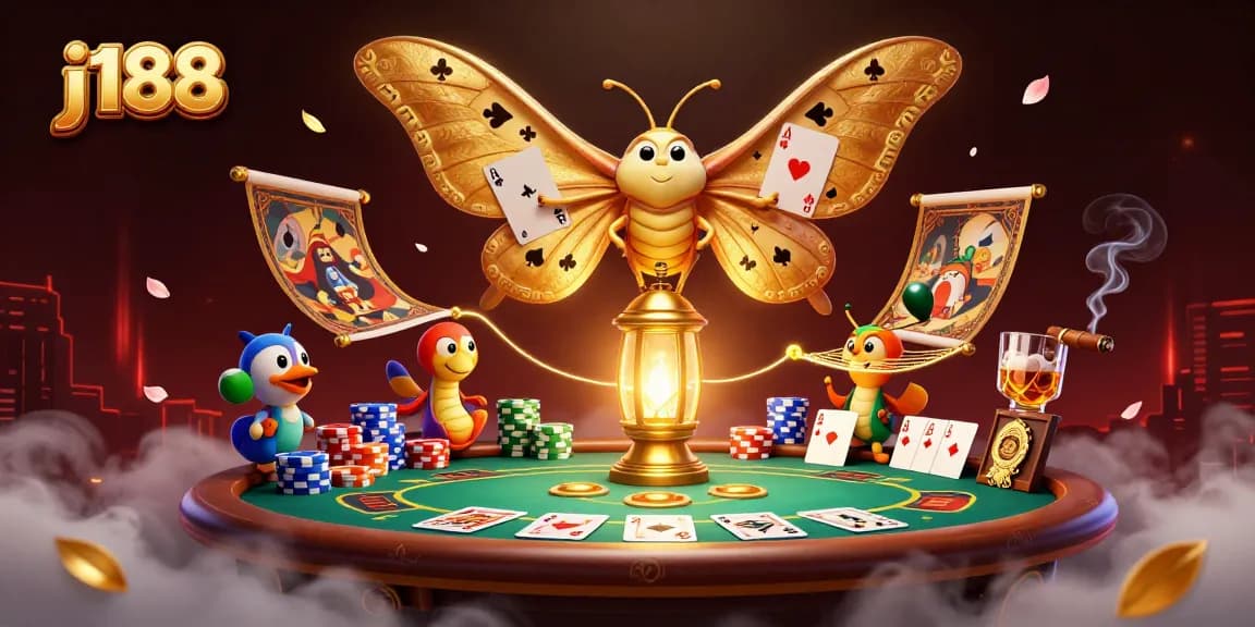 Experience thrilling gameplay with j188 at the poker table, surrounded by vibrant casino elements.