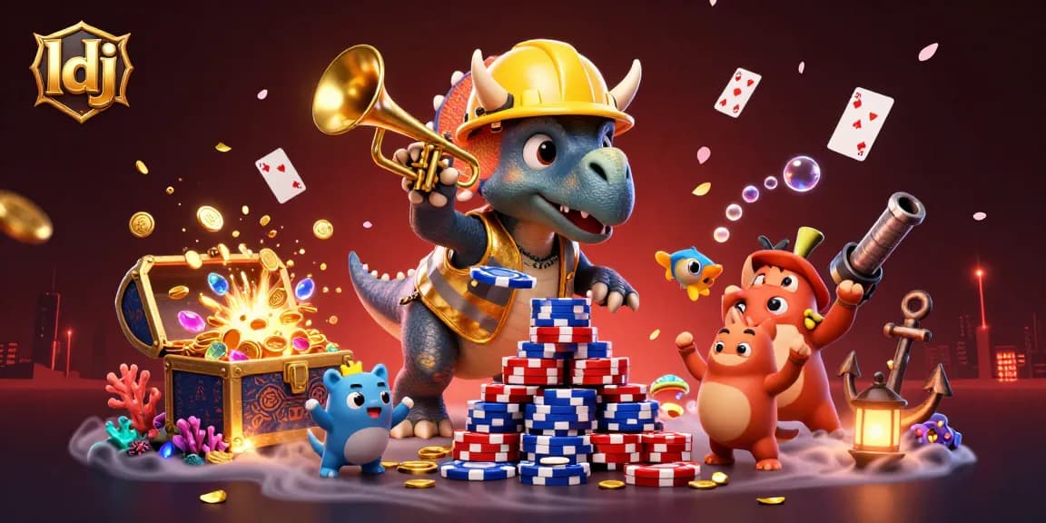 ldj gaming scenario featuring a triceratops building poker chip towers, celebrating in vibrant 3D.