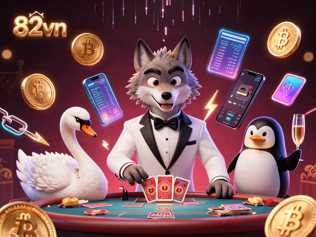 Experience thrilling baccarat action at 82vn with a debonair wolf, elegant swan, and penguin sommelier.