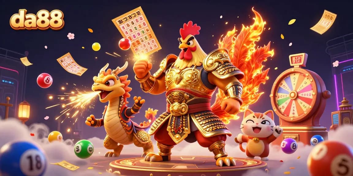 da88 showcases thrilling lottery action with dynamic characters and colorful game elements