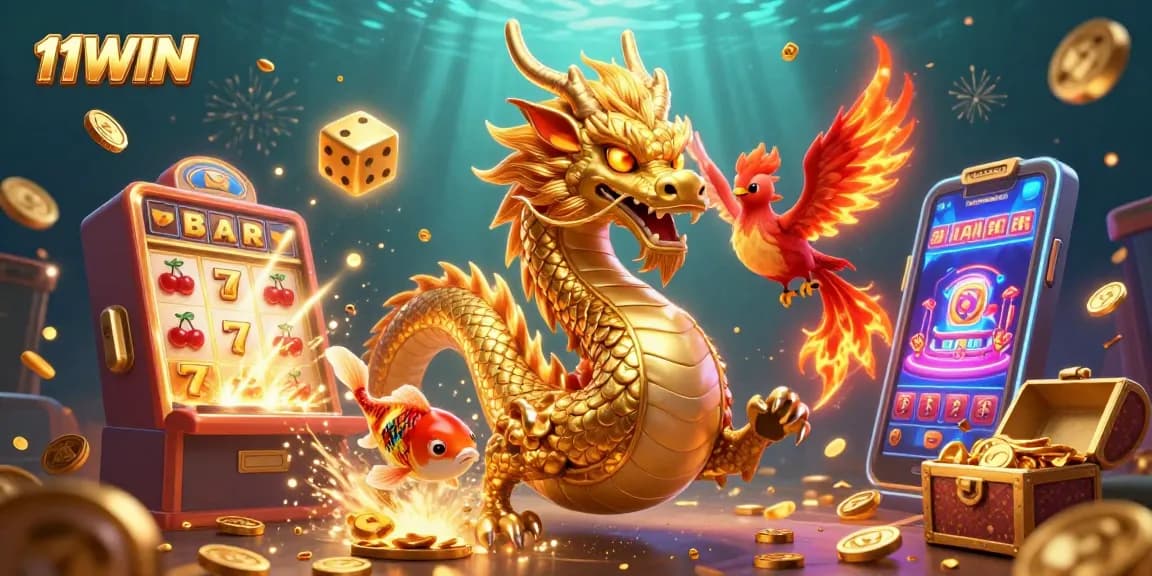 Engage with exciting games at 11WIN, featuring a dynamic dragon and vibrant casino elements.