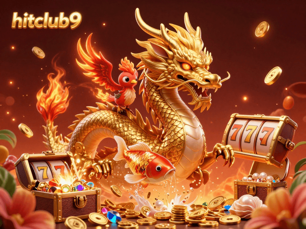 Experience thrilling gaming at hitclub9 with a dynamic scene showcasing a golden dragon, phoenix, and koi surrounded by vibrant casino elements.
