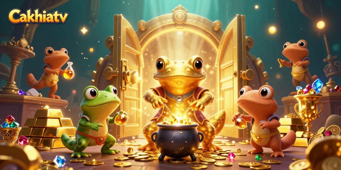 Cakhiatv engages viewers with enchanting visuals of gold alchemy and vibrant treasures in a dynamic scene.