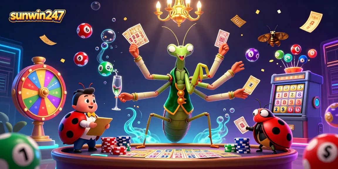 Join the excitement with sunwin247 in this vibrant online gaming illustration highlighting lottery and casino elements.