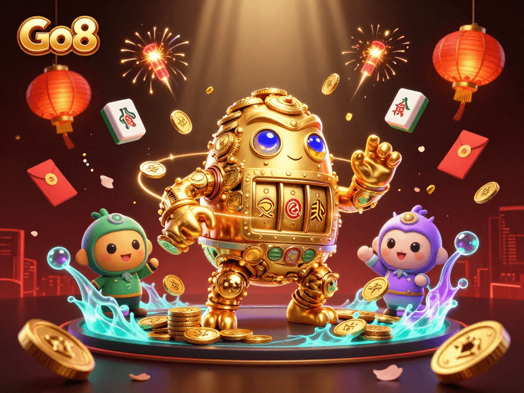 Engage with Go8's vibrant game atmosphere alongside a golden golem and festive symbols.