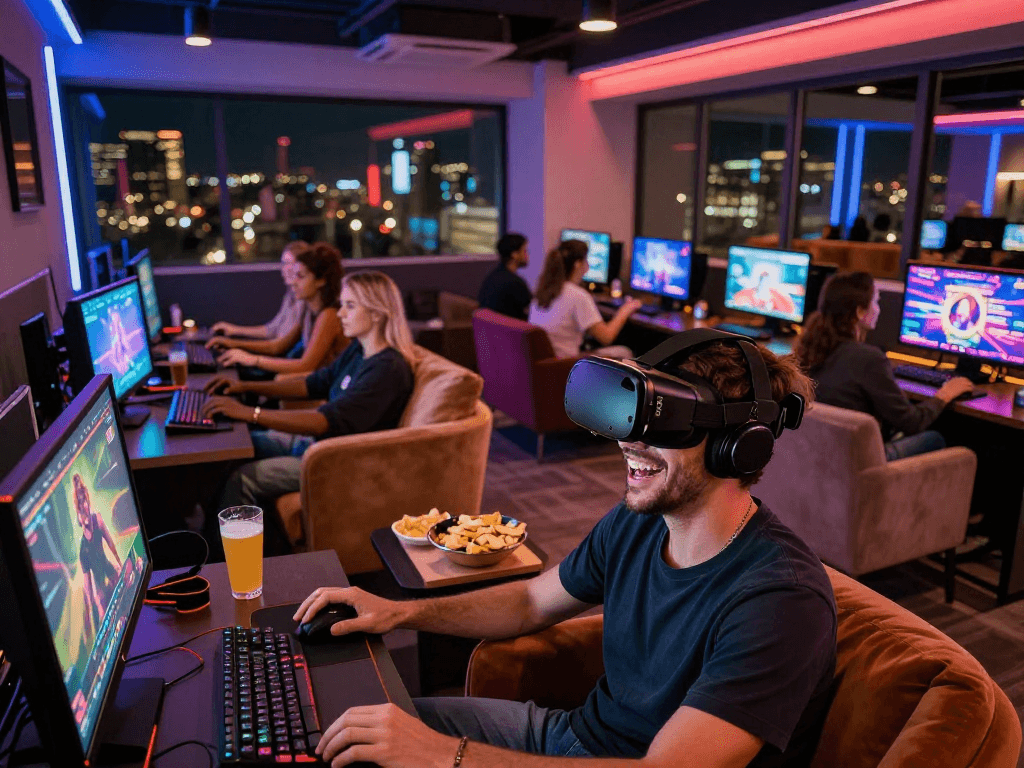 Players enjoying a variety of engaging sex games in a vibrant lounge setting, highlighting entertainment and social interaction.