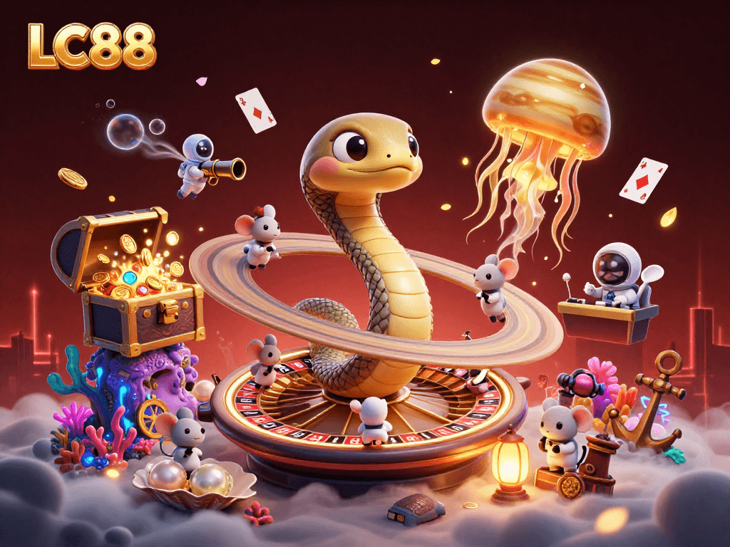 Experience thrilling gameplay at LC88 with cartoon characters betting on a cosmic roulette scene.