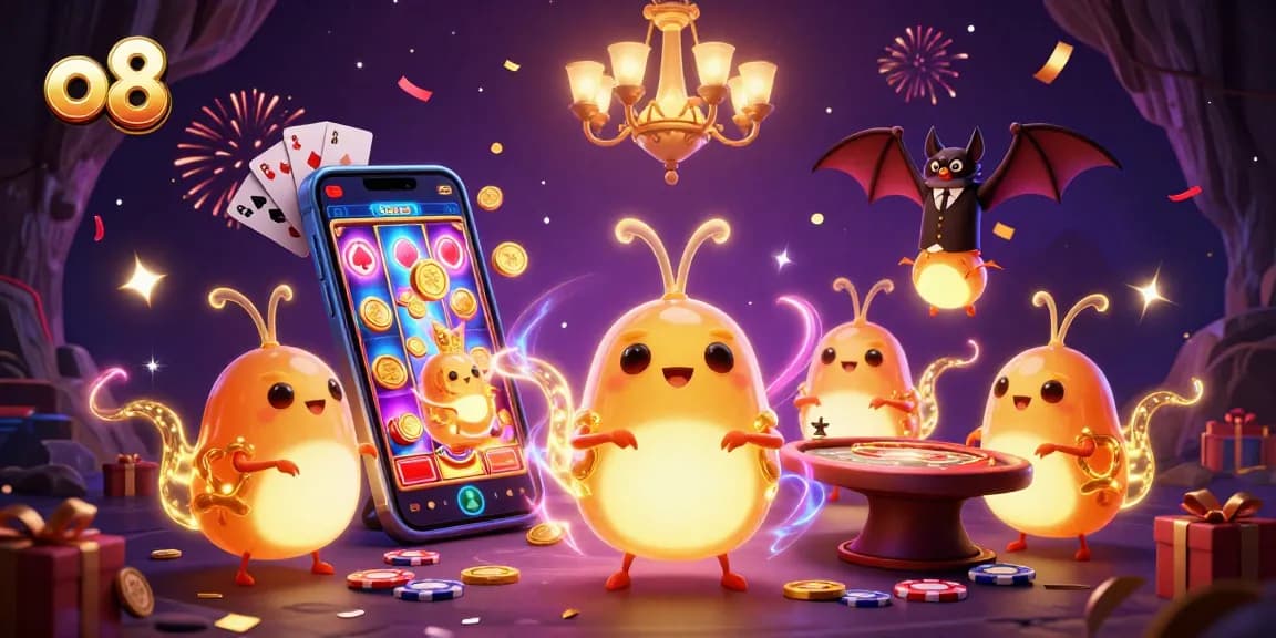 Join the excitement of o8 with glowworms illuminating a vibrant casino scene filled with interactive gaming elements.