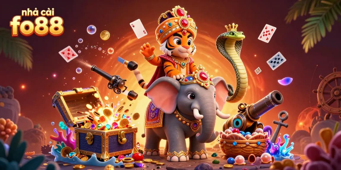 Experience the excitement of nhà cái fo88 with vibrant 3D illustrations featuring a maharaja, elephant, and treasures.