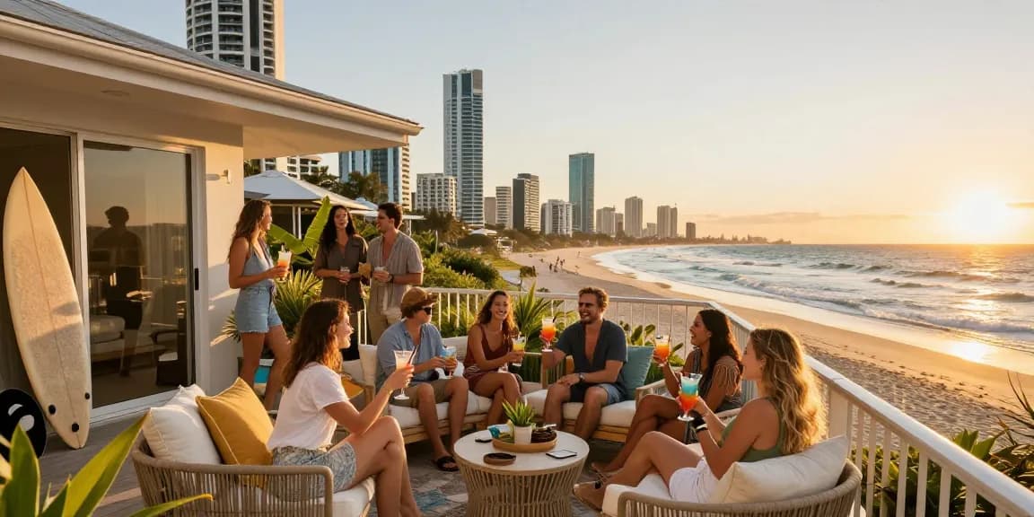 Gold Coast holiday-let management scene capturing a vibrant sunset gathering at Surfers Paradise with friends enjoying beachfront rental ambiance.